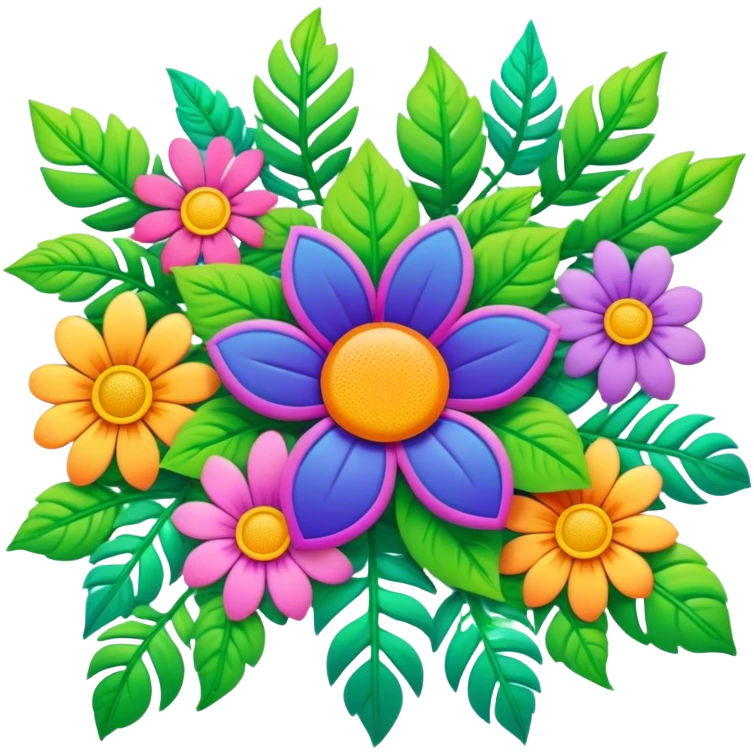 3D, psychedelic colored hippie style flower border with leaves emoji