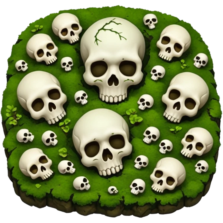A creepy moss covered ground with skulls from a top down perspective. In the style of your bleeding skull art. emoji