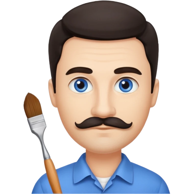 oval face with fair skin. His eyes were blue, and his eyebrows were dark and somewhat bushy. Above his upper lip he wore a small brush-like moustache, known as a "His hair was dark and emoji