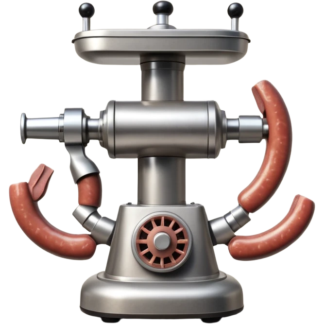 sausage-processing droid. retro-futuristic style. top is a circular industrial meat grinder with rotating gears and blades. Two robotic arms feed material into grinder. Sausage links extrude from the rear like  factory. The body is metallic, compact, and floats above the ground.no legs. Dark humor emoji
