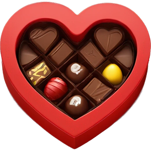 A heart shaped red chocolate box with a lid opened to reveal some chocolates inside emoji
