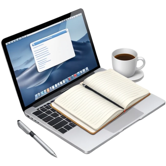 top view of a MacBook, open notebook with notes, and pen beside them emoji