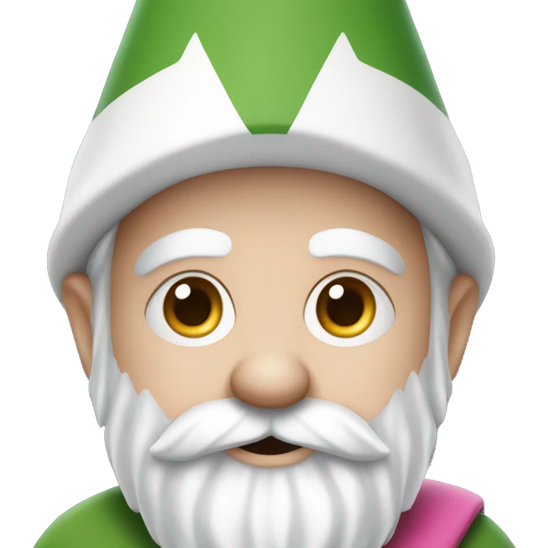 gnome with white sharp hat, white beard, white eyebrow, white mustag, green cape and pink net for catching butterflies emoji