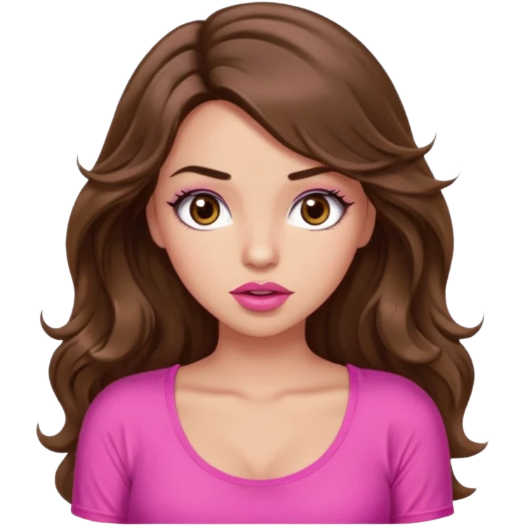 girl with long wavy brown hair, brown eyes, light to medium complexion, in a pink sexy top, pink puckered lips, long lashes, shrugging emoji