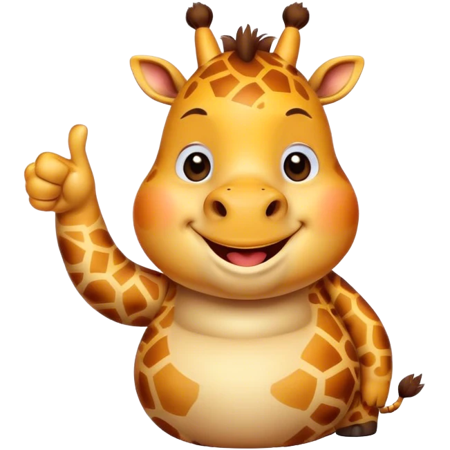 Cartoon short, fat dwarf cute giraffe with a big smile, giving a big thumbs-up emoji