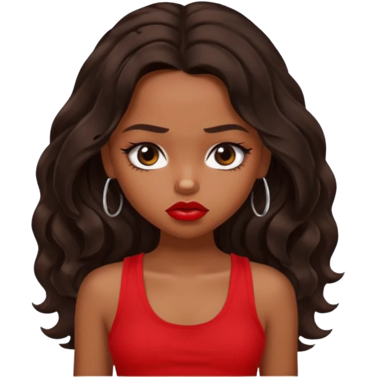 generate a pretty tan bratz girl with dark brown wavy hair long wearing a red tank top, red lipstick. Looking sad emoji