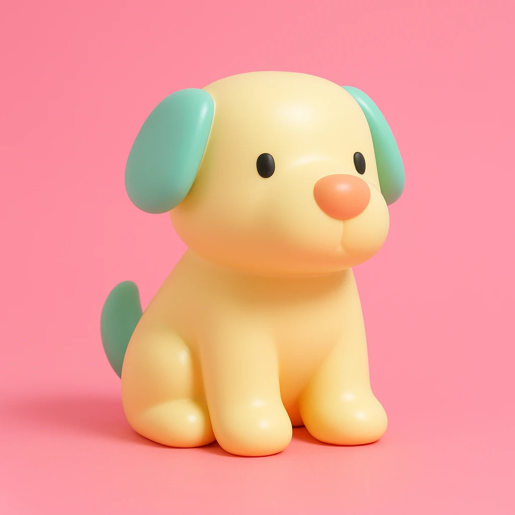               Transform {subject} into a soft vinyl figure with a smooth, glossy surface. The material should look slightly rubbery and tactile, with minimalistic curves and a matte-gloss hybrid finish. Use pastel or soft solid colors. The surface is seamless, with no visible textures or roughness. Studio lighting, vibrant background, clean, playful, designer toy aesthetic. {subject} = dog emoji