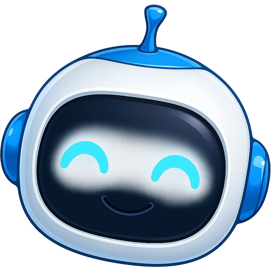Robot head only, matching the style and colors of the reference robot (blue and white), very glossy and shiny head, glowing blue eyes, cute and friendly expression, no background, in the style of the reference robot. emoji