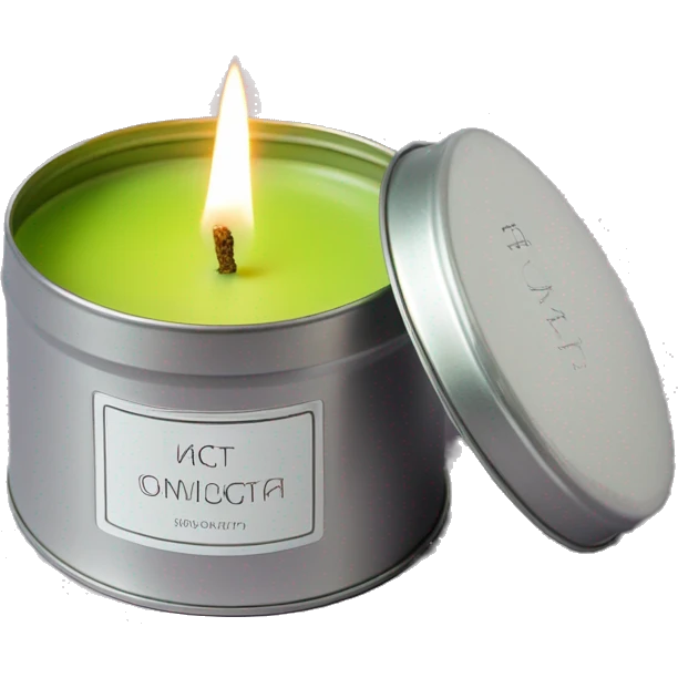 realistic lit matcha scented candle in a silver tin with a small white label that says ‘matcha’ emoji