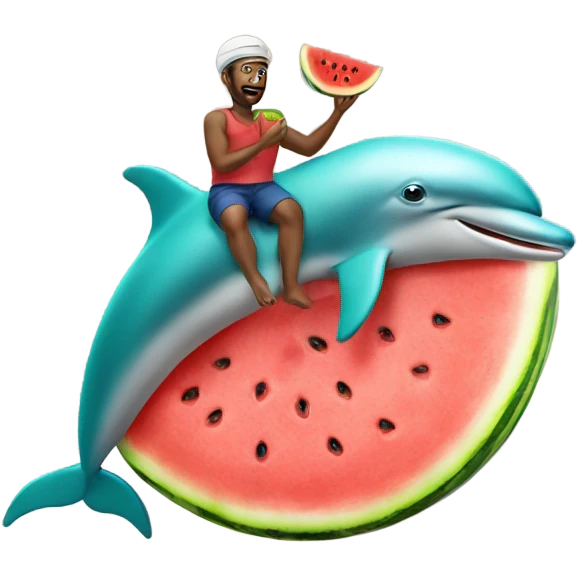 Man riding a dolphin with a watermelon on his head emoji