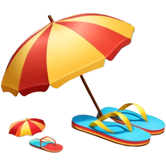 Icon for Beach Tourism: a sandy beach with a sun umbrella and flip-flops, with the ocean landscape in the background. The icon should capture the relaxation and fun of a beach vacation. Transparent background emoji