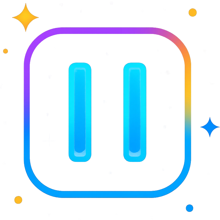 animated pause icon with dark purple, blue, and black base, bright accents, complex gradients, stars, bright neon border, modern clean pause symbol, subtle glowing and moving stars neon effects, sophisticated futuristic style emoji