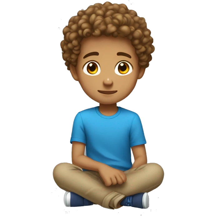 boy with blue shirt light skin and light brown curly hair sitting down facing to the right full body emoji