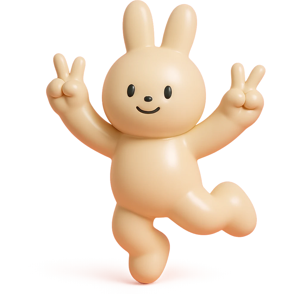 beige bunny jumping and making peace signs, vinyl figure style, smooth and shiny surface emoji