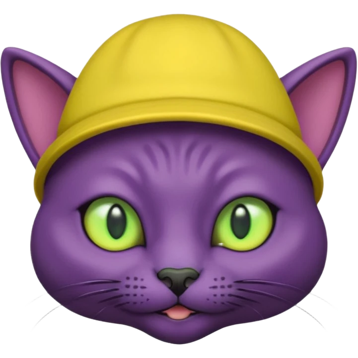 dark purple alien cat with no fur and yellow hat and green eyes emoji
