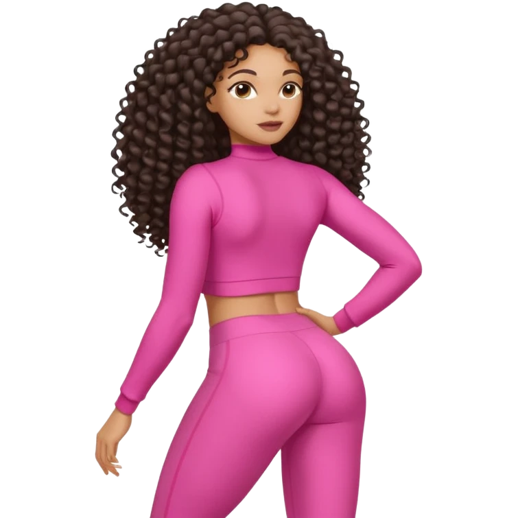 Uma mulher negra da pele clara com cabelo cacheados bem longo até a bunda  sem tanto volume no cabelo e um corpo atlético com roupa rosa  emoji