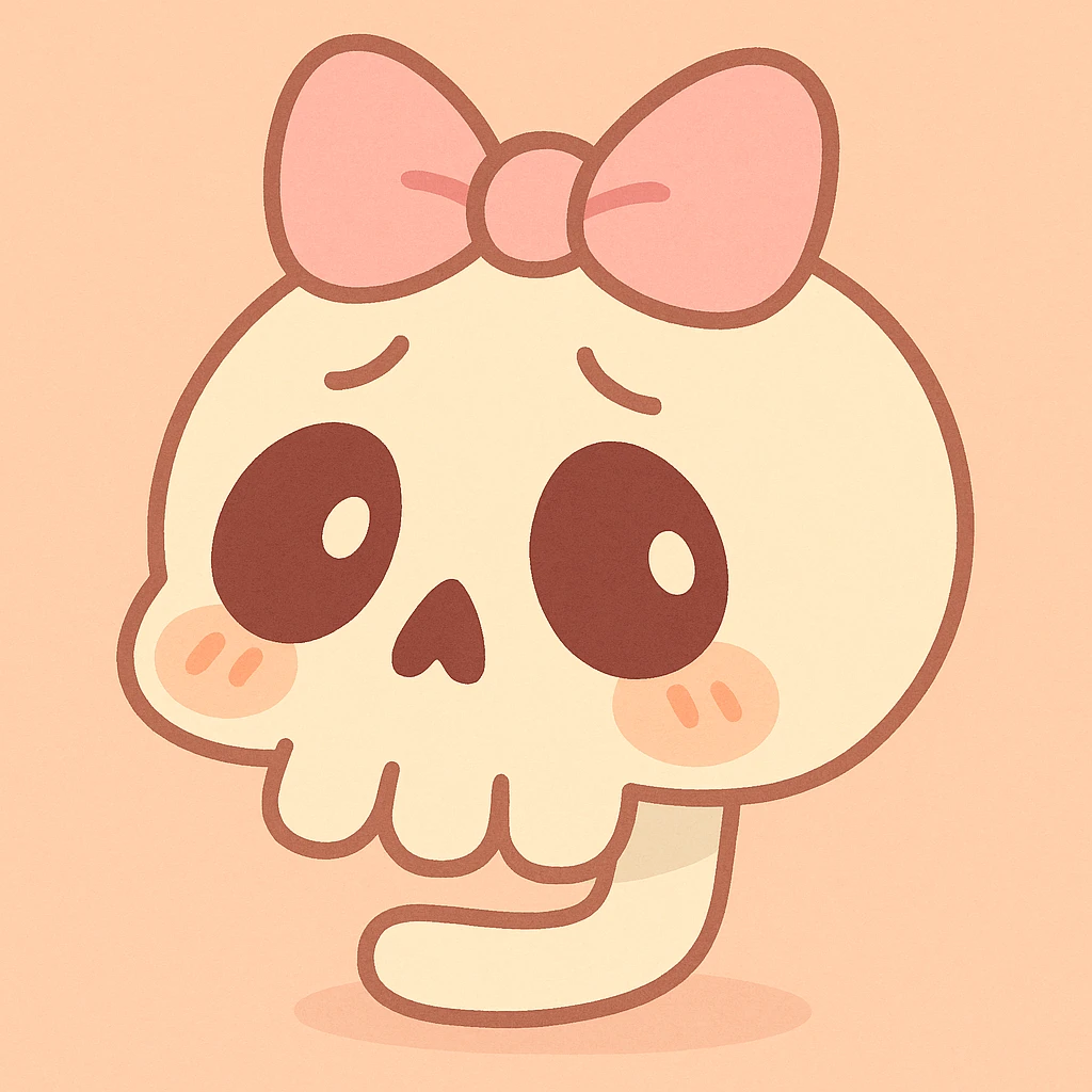 a shy skull with a pink bow, pastel toon style, soft pastel colors, gentle shading, cute and shy expression emoji