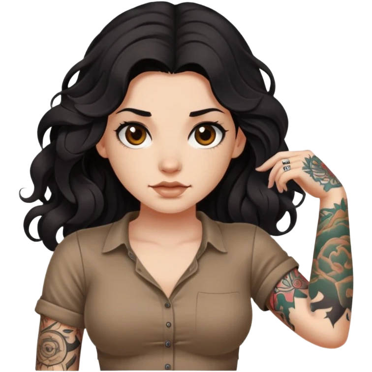 A girl with fair skin and a little fat - long black hair with big waves - tattoos on her upper arms - wearing a brown navel-revealing short-sleeved shirt emoji