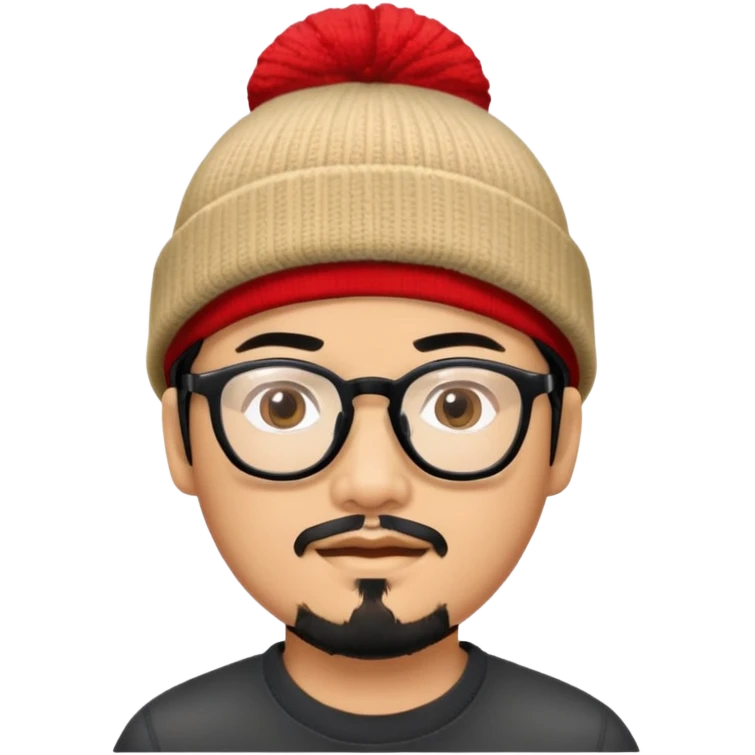 Asian man with black goatee, glasses, wearing a small red beanie emoji