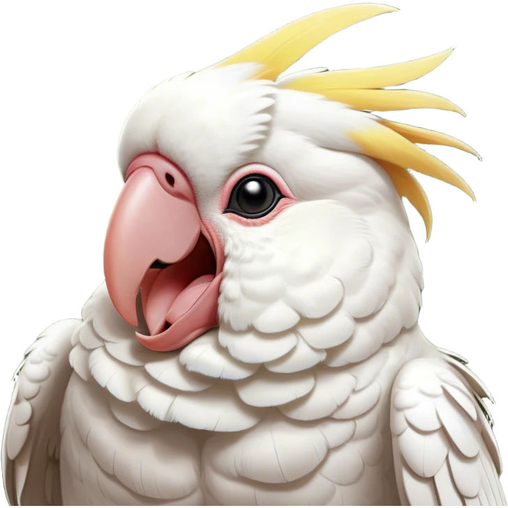 Cinematic Cute Yawning Cockatoo Portrait Emoji, Head tilted slightly with a dramatic, wide-open yawn, showcasing a plump, feathered body with a softly drooping crest and sleepy, half-closed eyes, Simplified yet irresistibly adorable features, highly detailed, glowing with a soft, cozy tropical glow, high shine, relaxed yet expressive, stylized with a dash of whimsical avian charm, soft glowing outline, capturing the essence of a drowsy yet affectionate cockatoo that appears ready to stretch out and yawn its way off the screen! emoji