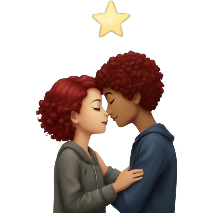 girl with burgundy hair kissing a boy with curly short hair under a sky of star emoji