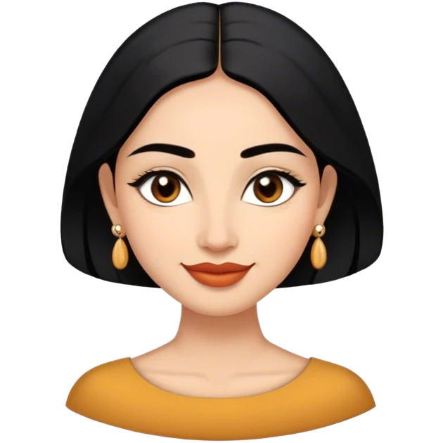 Oval face, warm medium skin, large almond-shaped dark brown eyes, naturally arched eyebrows, full lips, long sleek black hair with centre partition, small black bindi, statement earrings, and a confident smile. emoji