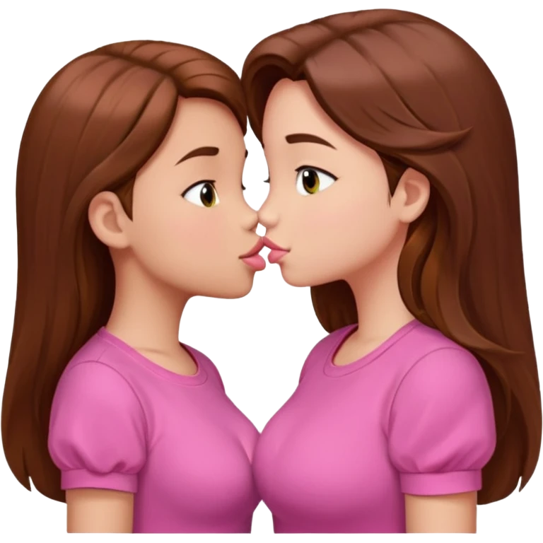 two 5 year old gals about to kiss on the lips, lips extremely close but not touching, pink shirts, long brown hair, big boobs emoji