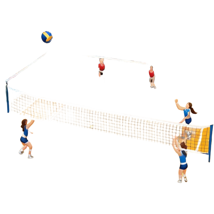 A close-up of a volleyball on the court, with the net in focus and the court markings visible. The background shows the stands filled with spectators, creating an energetic atmosphere of a volleyball match, with attention to detail on the equipment and the surrounding environment. emoji