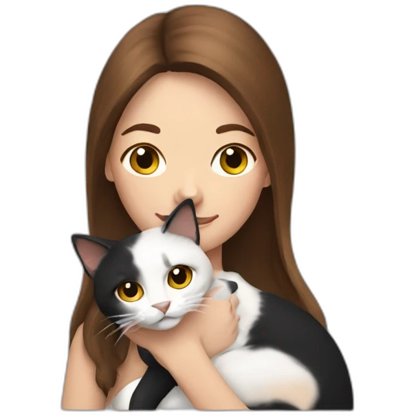 A white woman with long brown hair holding a black and white cat emoji