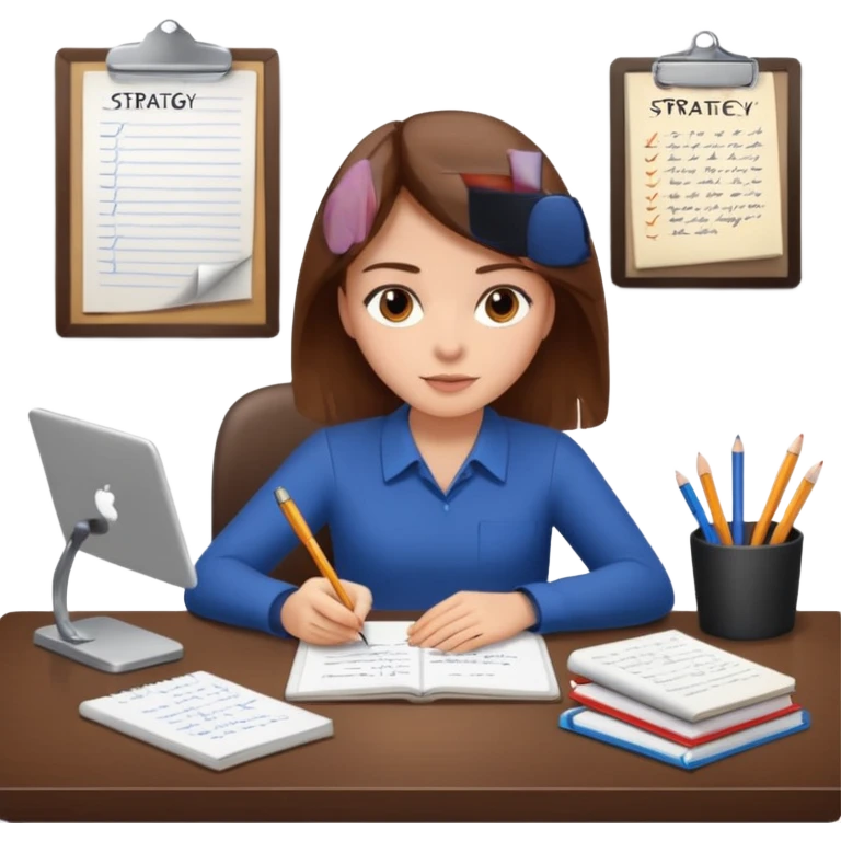 a girl with brown hair on a desk writing on a note book with a lot of papers around and on the papers is writing business strategy  emoji