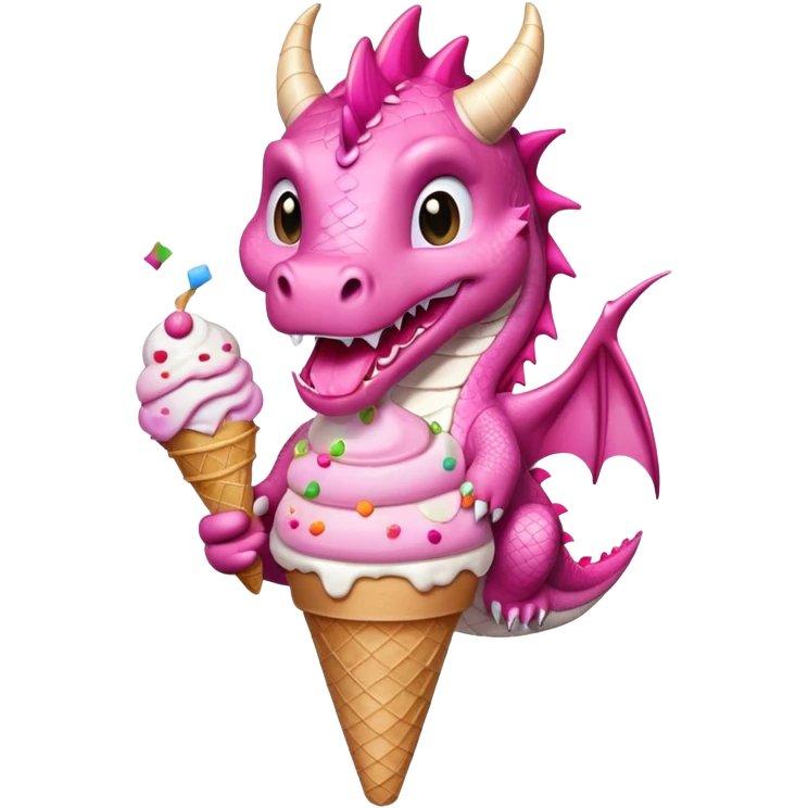 Pink dragon with confetti holding an ice cream cone emoji