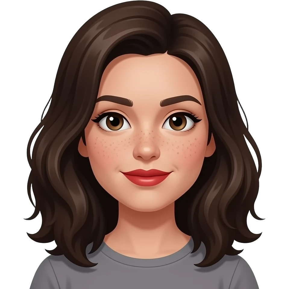 vector-style avatar of a woman named Iris, centered, solid black background, wavy shoulder-length dark brown hair, fair skin with distinct freckles across her cheeks, and bold red lips. emoji
