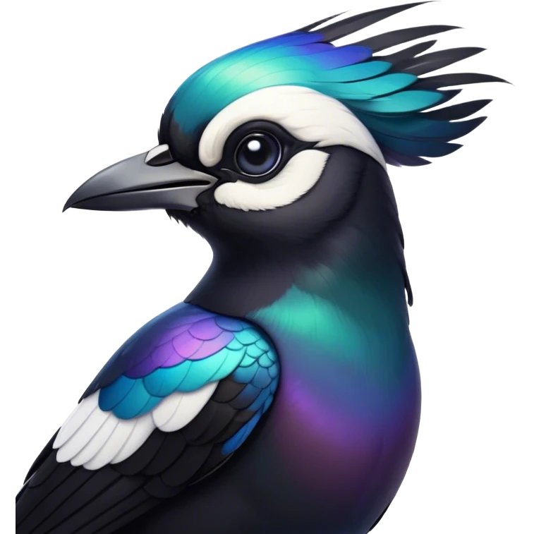 Cinematic Noble Magpie Portrait Emoji, Poised and sleek, with striking, iridescent black and white plumage, a sharp, inquisitive beak, and intense, observant eyes, Simplified yet sharp and sophisticated features, highly detailed, glowing with a soft, urban gleam, high shine, intelligent and graceful, stylized with an air of mischievous charm, focused and alert, soft glowing outline, capturing the essence of a watchful and confident magpie that appears ready to dart out of the screen with effortless authority! emoji
