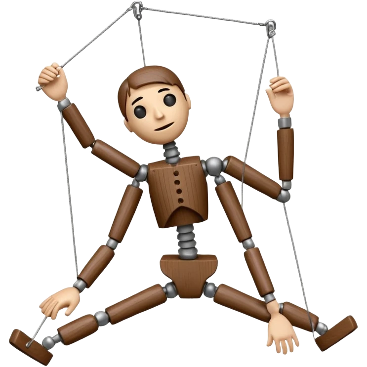 3D render of Broken Puppet as a wooden marionette puppet, Strings cut, slumped over, silver metal screw joints at elbows and knees, polished brown wood texture, rigid toy pose, emoji style, isolated on white background --v 6.0. emoji
