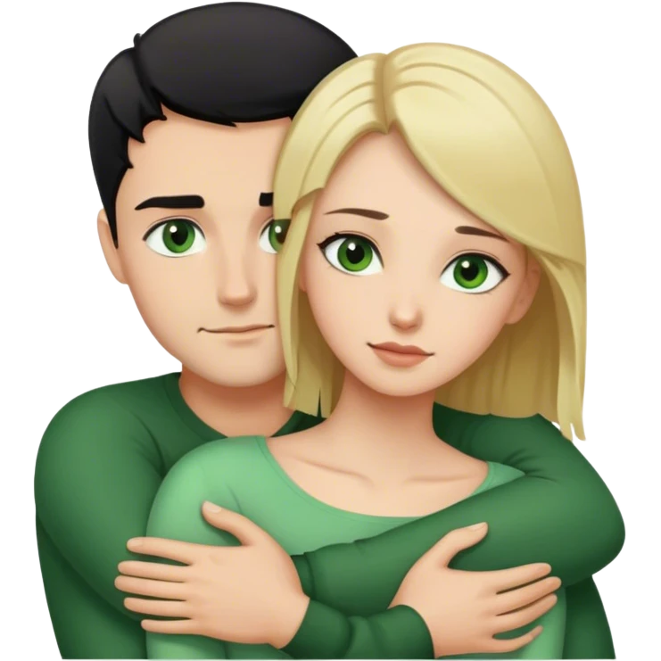 Black short hair green eye man hugging woman with brown eyes and long blonde hair emoji