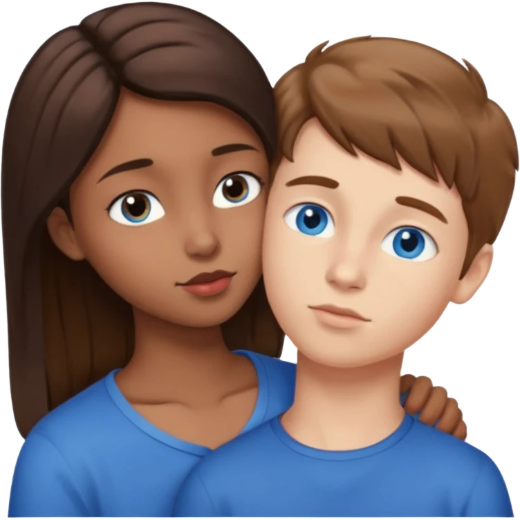 Make an emoji where a boy with light brown hair licking the neck of a blue eyed dark brown haired shoulder lenght girl emoji