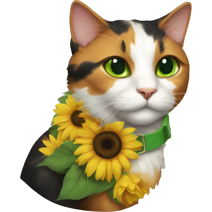 calico cat with green eyes and sunflower collar emoji