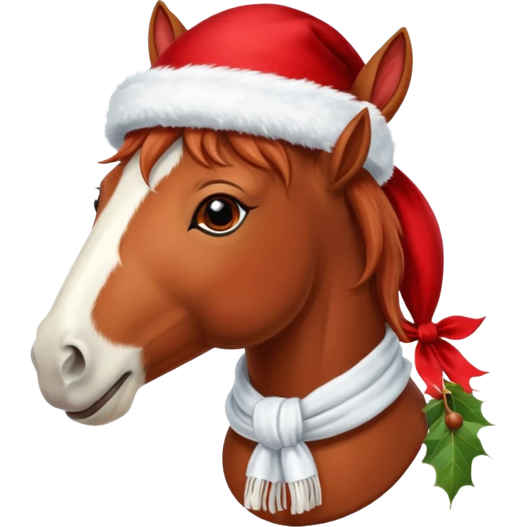 a fairy-tale funny winter horse in a red hat with a white scarf emoji