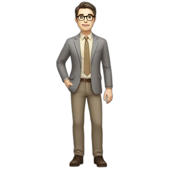 Full height Actively Gesturing Pale skinned fit man with dark brown hair in gray jacket, beige office shirt, brown tie, brown pants and vintage glasses. emoji