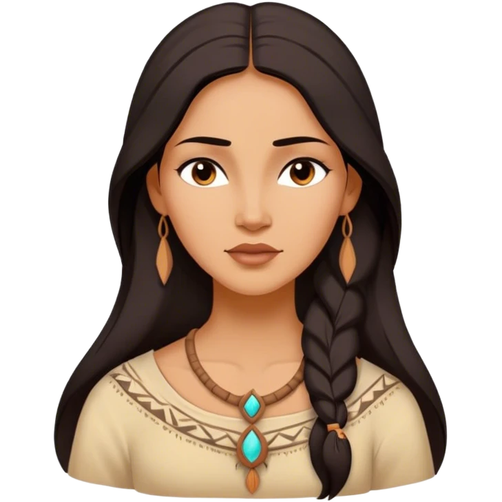 Cinematic Serene Pocahontas Portrait Emoji, rendered in a realistic, simplified vector style. Depict a gentle Pocahontas (chest and above) with warm, glowing skin, loosely flowing dark hair, and a calm, reflective expression, wearing modest traditional attire in earthy hues. The image is bathed in a soft, inviting glow with high shine and a soft glowing outline. emoji