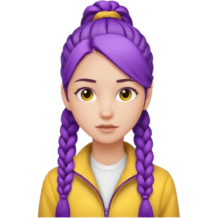 a beautiful girl face, long purple high pony braided hair from the forehead, wearing a white shirt and a yellow jacket emoji