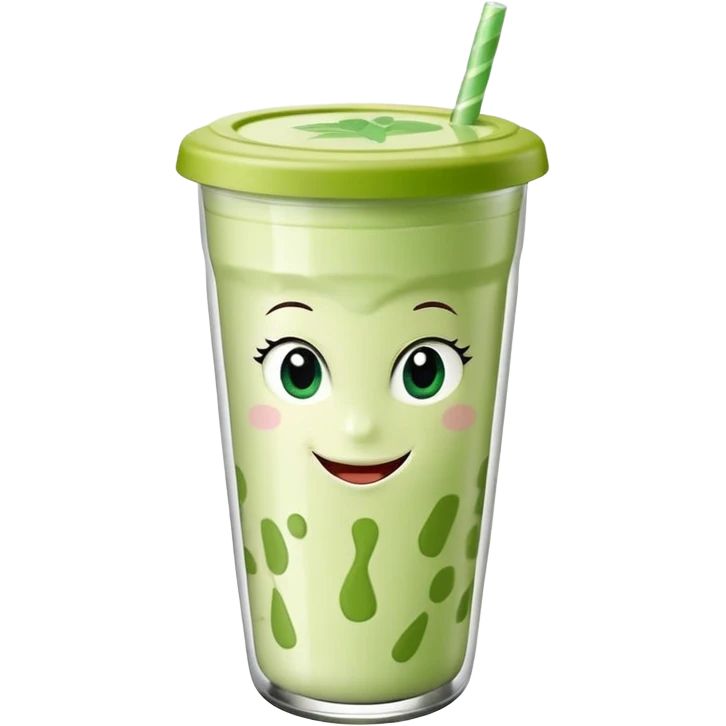 un vaso de batido animado, de caricatura, con tapa y pitillo, que tenga brazos y piernas, cara tierna y que inspire confianza y amabilidad emoji