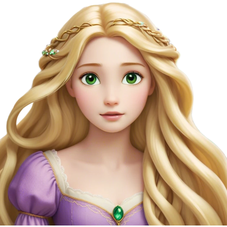 Cinematic Realistic Rapunzel Portrait, with porcelain-like skin featuring a subtle, natural glow, illuminated by soft lighting that brings out the gentle contours of her face. Her long, golden blonde hair cascades in detailed waves, each strand highlighted with a radiant shimmer as it catches the light. Her bright, expressive green eyes exude curiosity and warmth, framed by delicate lashes and soft, arched brows. Her expression is playful and vibrant, with a gentle smile. She is dressed in her classic lavender and pink gown, the fabric textured with delicate folds that flow naturally, catching the light with a soft, radiant glow. The portrait captures a luminous, enchanting aura, seamlessly blending realism with a whimsical, fairytale charm, evoking a timeless sense of beauty and magic. emoji