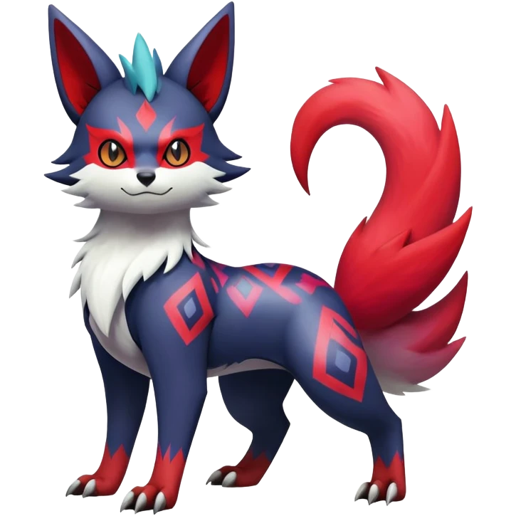 Shiny Exotic Badass Colorful Ethereal Royal Mysterious Gothic Zangoose-Zorua-Litten-Noibat-Pokémon-Fakémon-hybrid-creature (full body) with colorful pattern-markings emoji