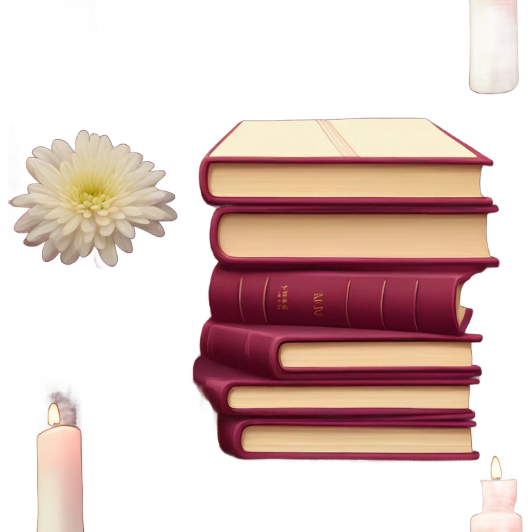 A maroon book stack adorned with ruby-red chrysanthemums and a candle emoji