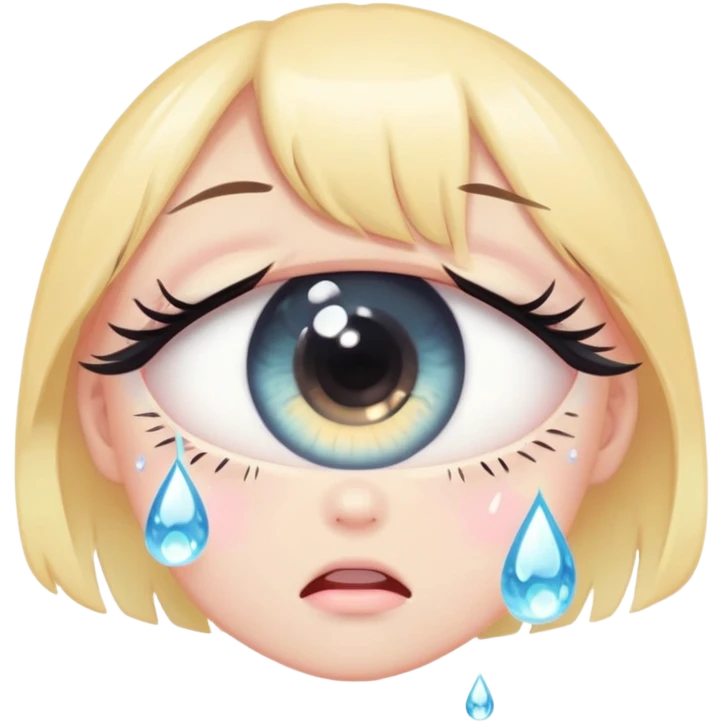 Cute anime-style crying girl eye, big round eye with a teardrop falling down, sparkly pupil, long lashes, soft pastel colors, kawaii emoji aestheti emoji