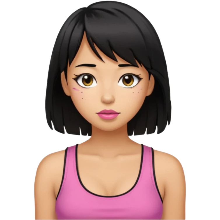 Tan skin woman emoji, full breasts, wearing a tank top, sideways bangs, shoulder-length black hair a little messy, almond eyes pink lips emoji