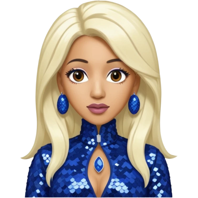 Cardi B with tan skin, long white blonde hair, indigo sequin outfit emoji