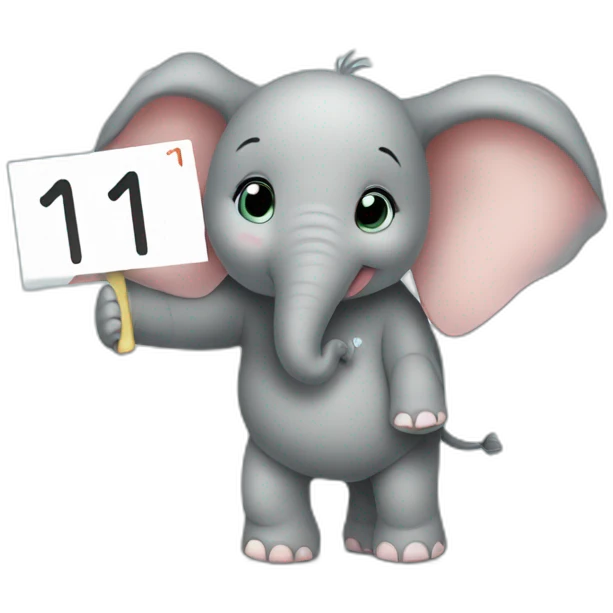 Animated baby elephant holding a sign with the words "#1 Fan" on it emoji