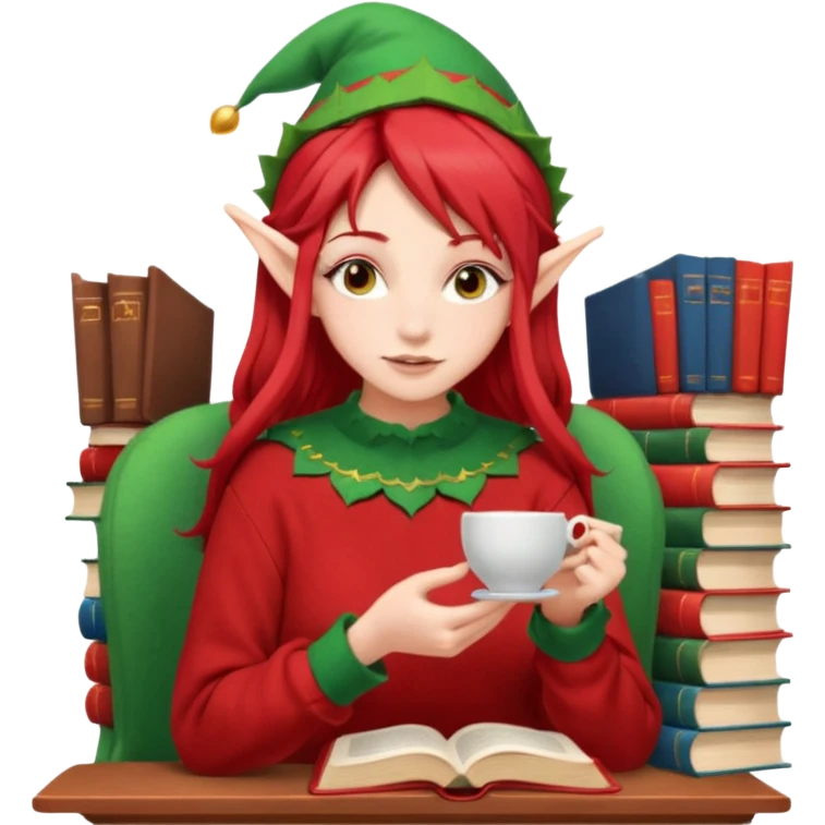 Red hair girl with elf ears sipping tea with a stack of books beside her . She’s wearing the red oversized sweater  emoji